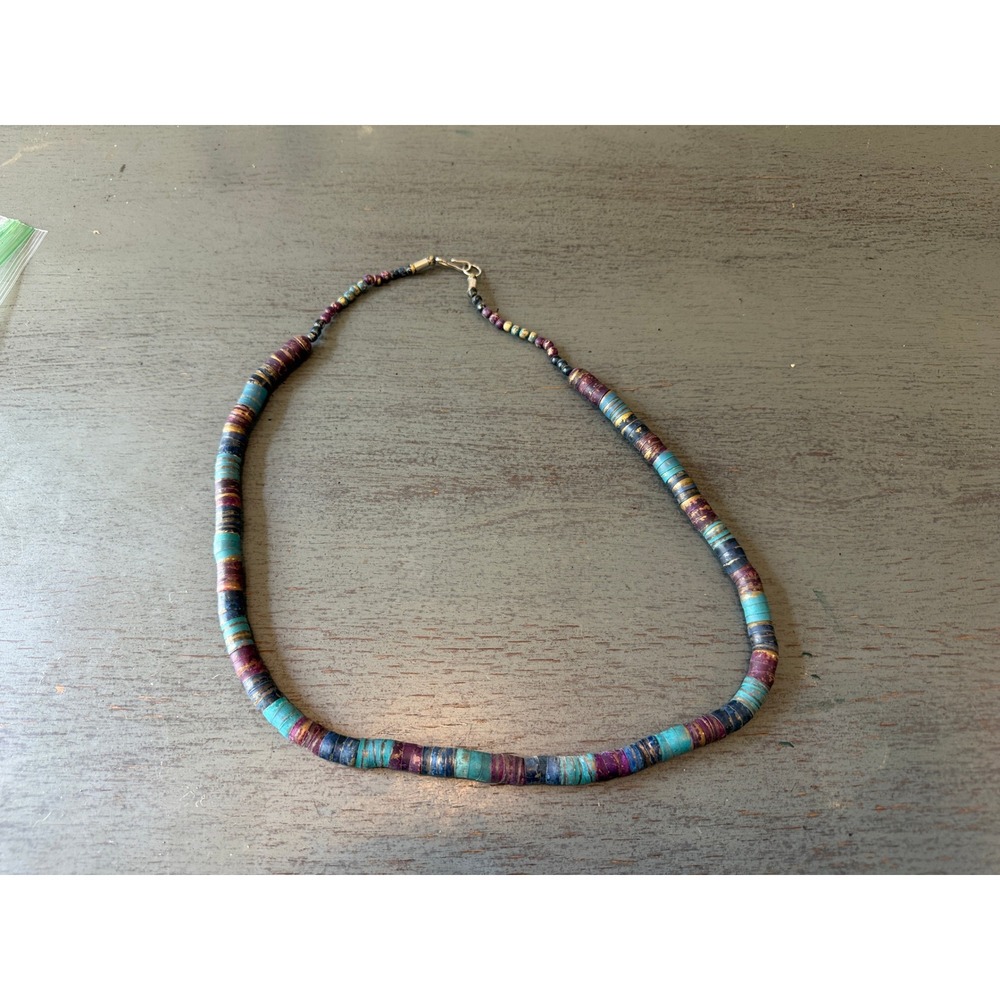 Vintage Heishi Beaded Necklace Purple Turquoise Gold Boho Handcrafted 19 Inch